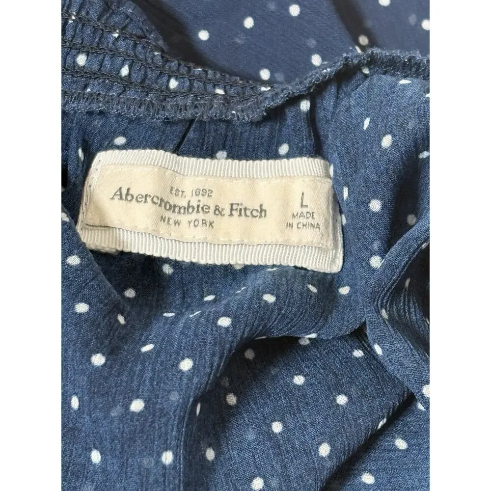 Abercrombie & Fitch Polka Dot Blouse Navy Blue Boho Smocking Puff Sleeve Sheer L